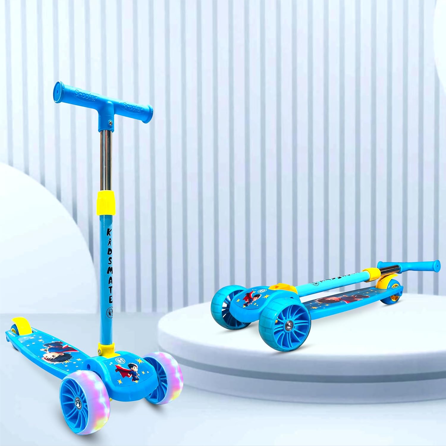 Blue Kidsmate Rider Pro 3-Wheel Kick Scooter with broad PU LED light-up wheels, perfect for boys and girls aged 2-12 years. Enhances balance and motor skills. Usmile Toys." www.usmile.toys